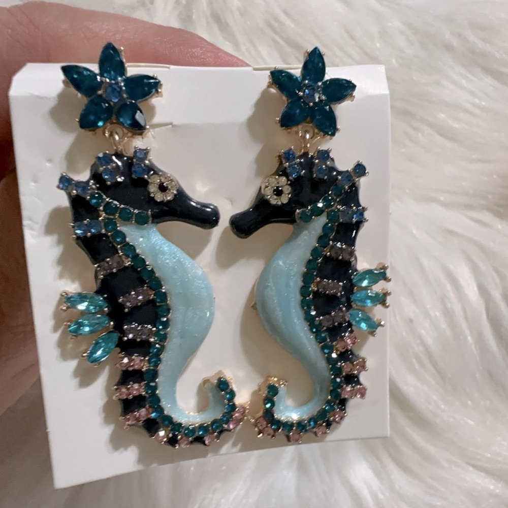Blue Seahorse Rhinestone Statement Earrings Length 2.5” - Picture 5 of 8
